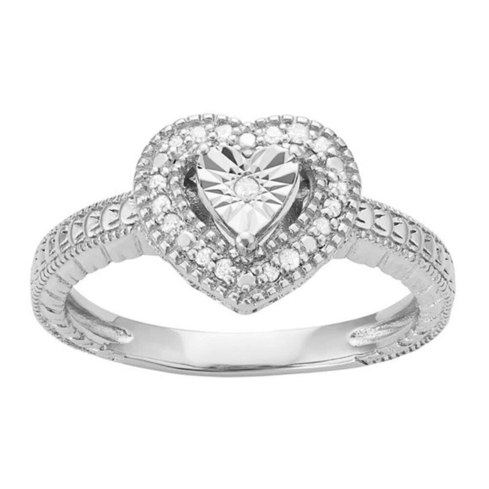 Sterling Silver 1/10 Carat T.W. Diamond Heart Halo Ring Size 7 NWT